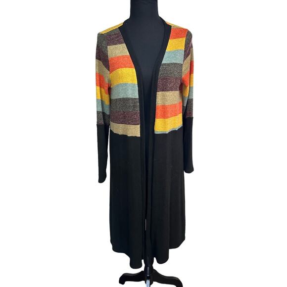 Vision USA Black Colorful Striped Long Line Open Front Cardigan, Size M - Picture 1 of 6